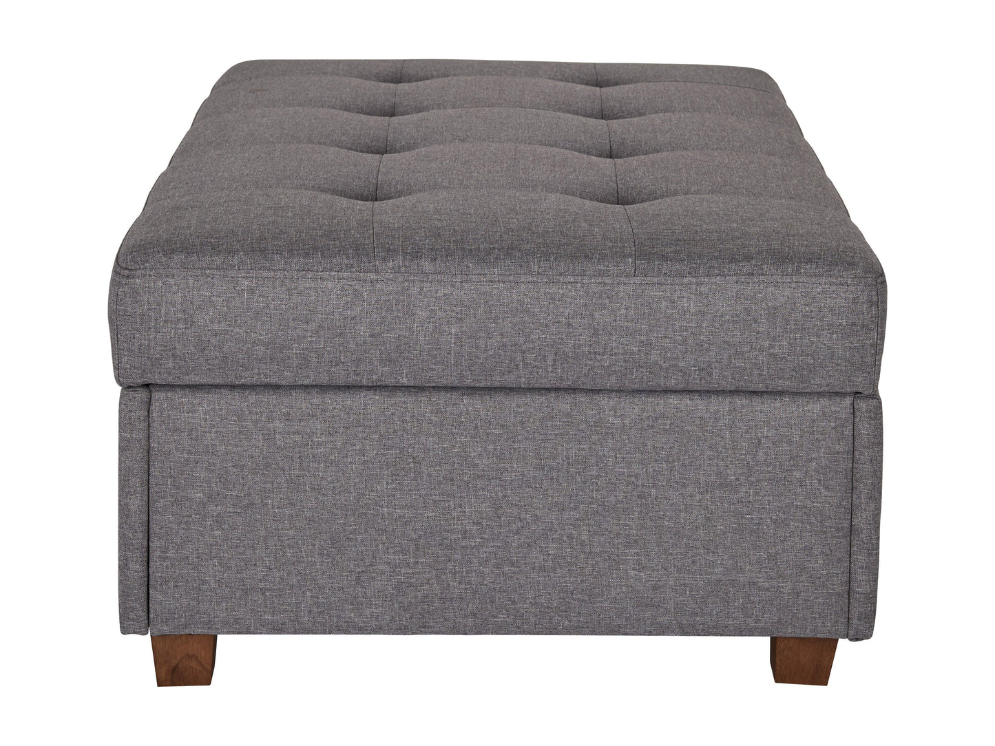 Large light grey storage ottoman with tufted fabric, wooden legs, and spacious interior.