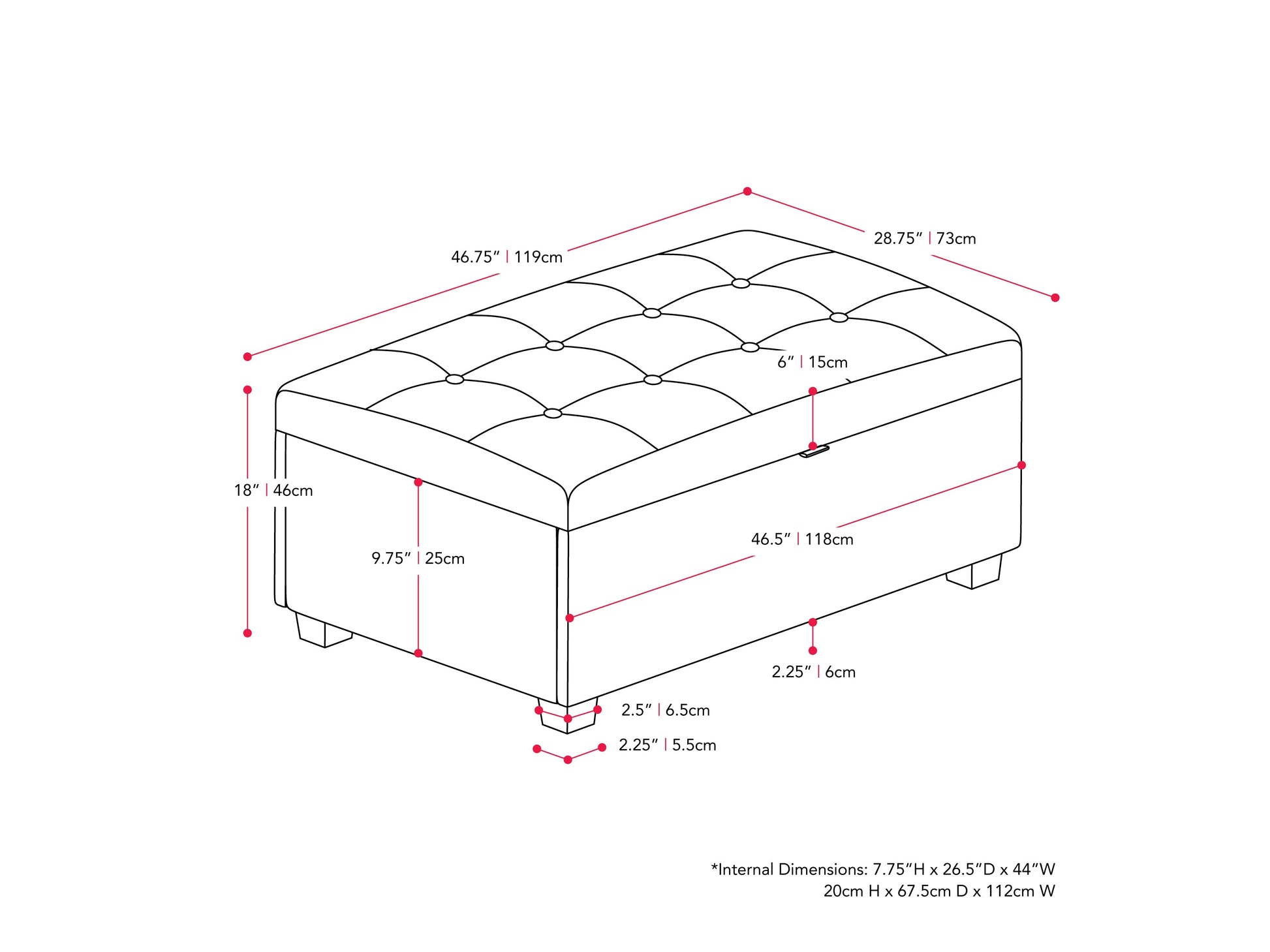 Dark grey large storage ottoman with tufted fabric, wooden legs, and spacious interior.