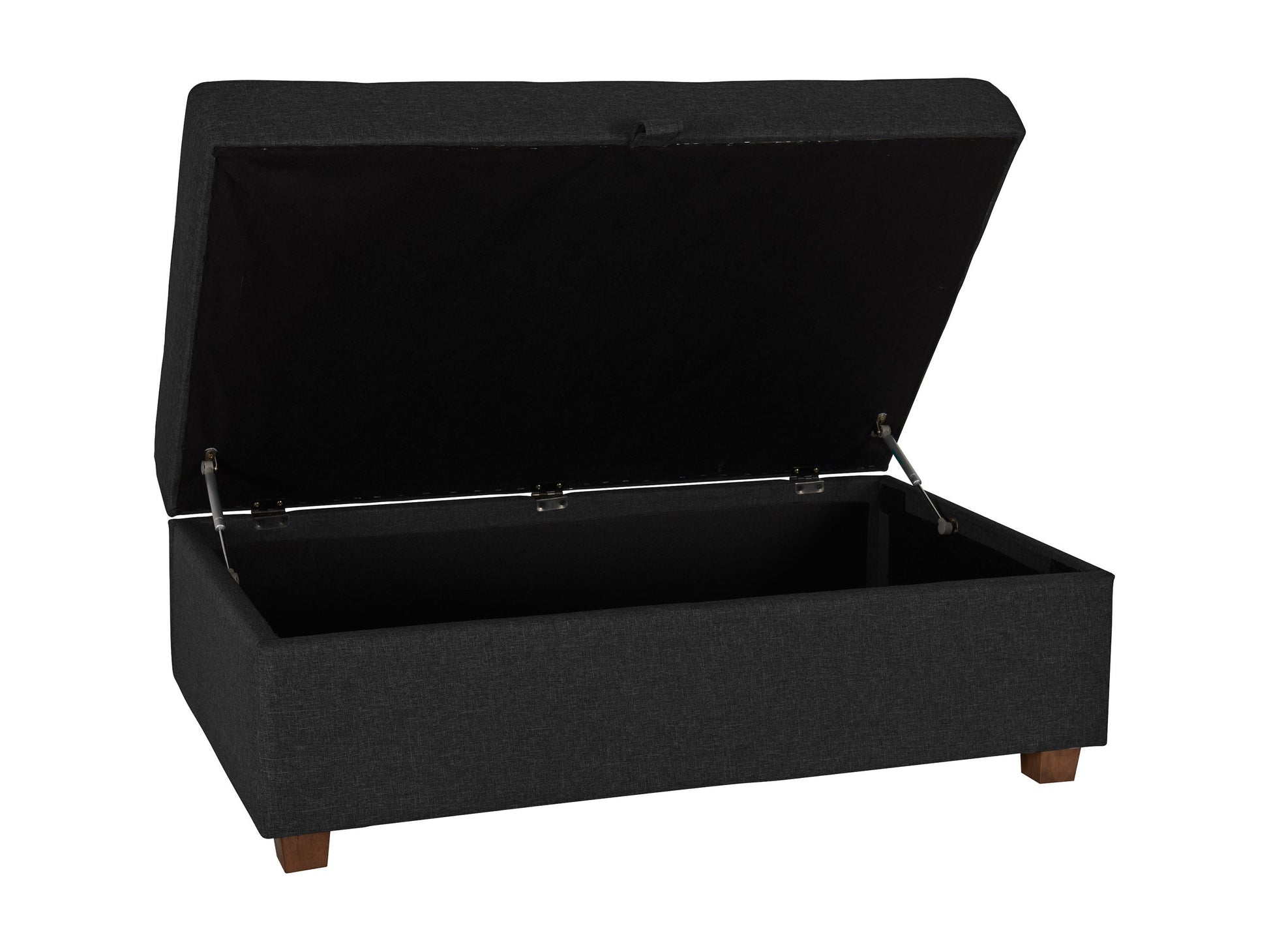 Dark grey large storage ottoman with tufted fabric, wooden legs, and a spacious interior compartment.