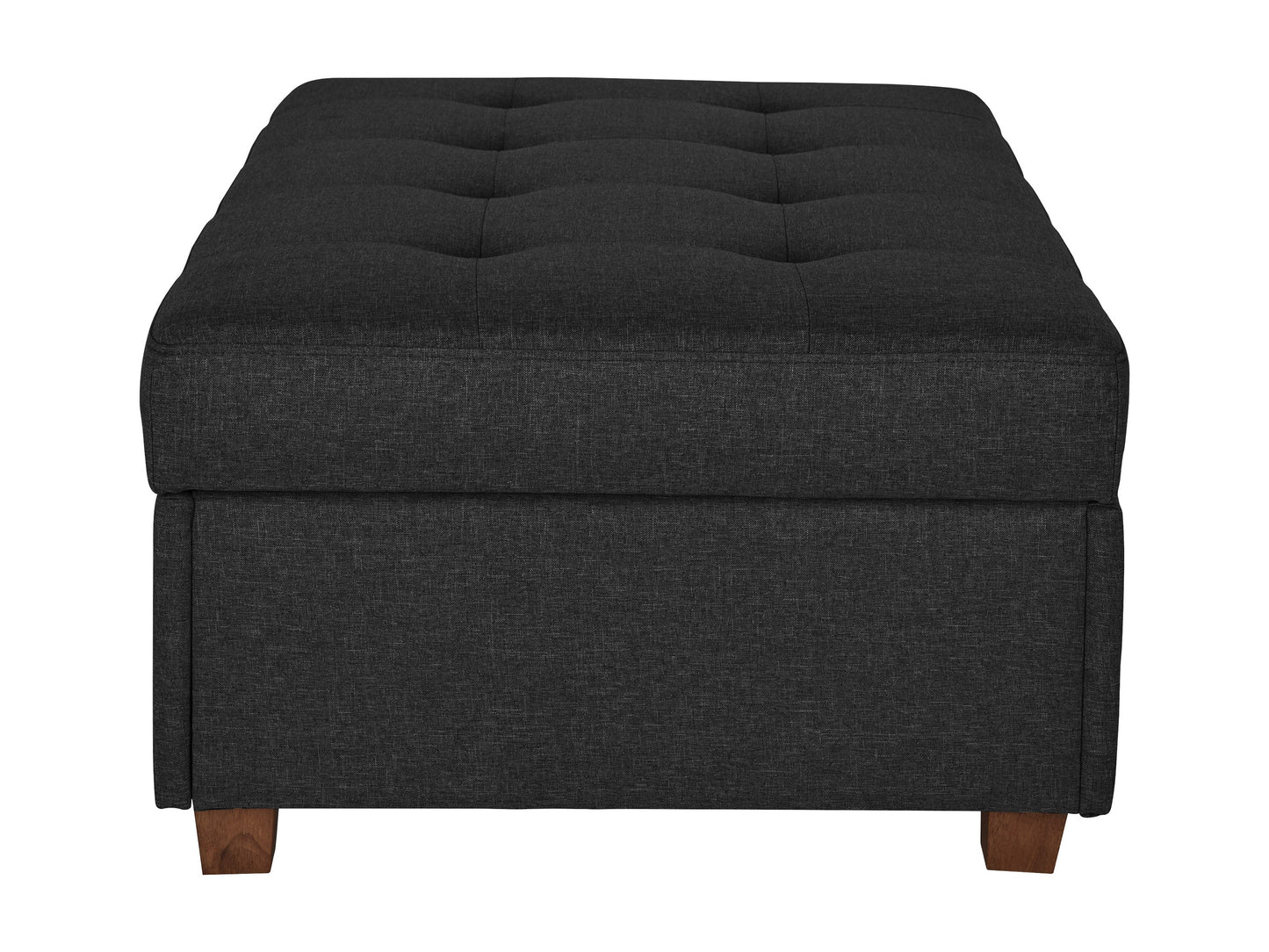 Large dark grey storage ottoman with tufted fabric, wooden legs, and spacious interior compartment.