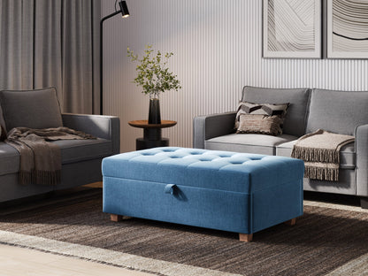 Blue large storage ottoman with tufted fabric, wooden legs, and versatile design for living room or bedroom.