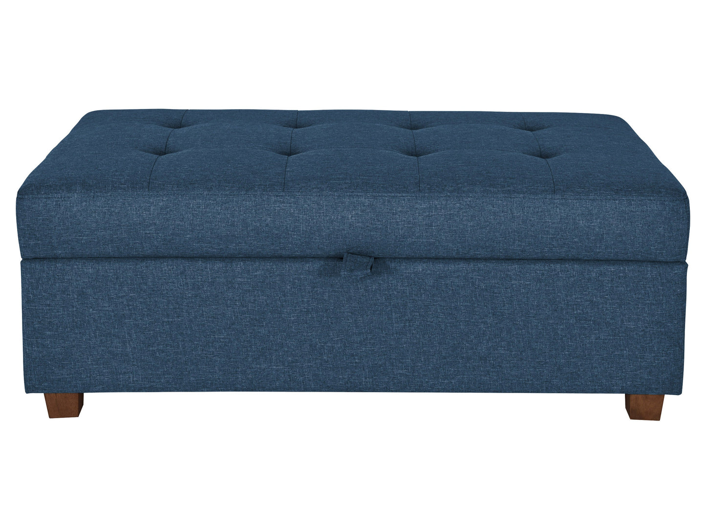 Blue large storage ottoman with tufted top, fabric upholstery, and wooden legs.