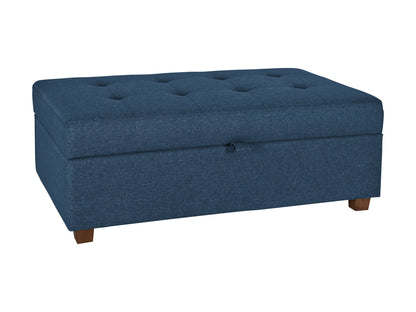 Large blue storage ottoman with tufted fabric and wooden legs, perfect for living room seating and organization.