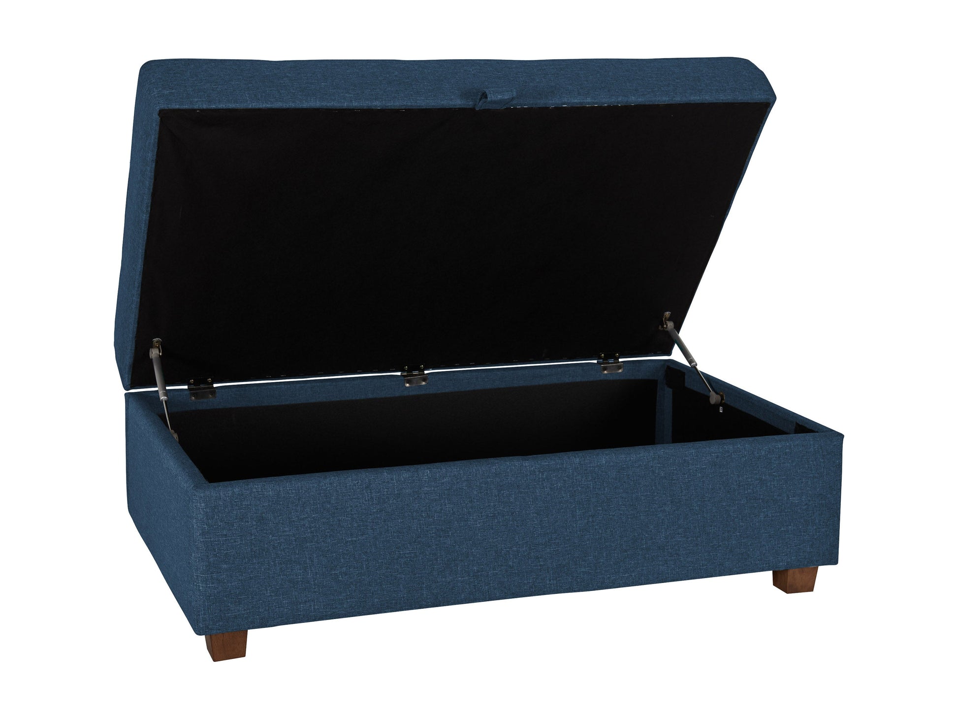 Blue storage ottoman with tufted fabric, wooden legs, and spacious interior storage.