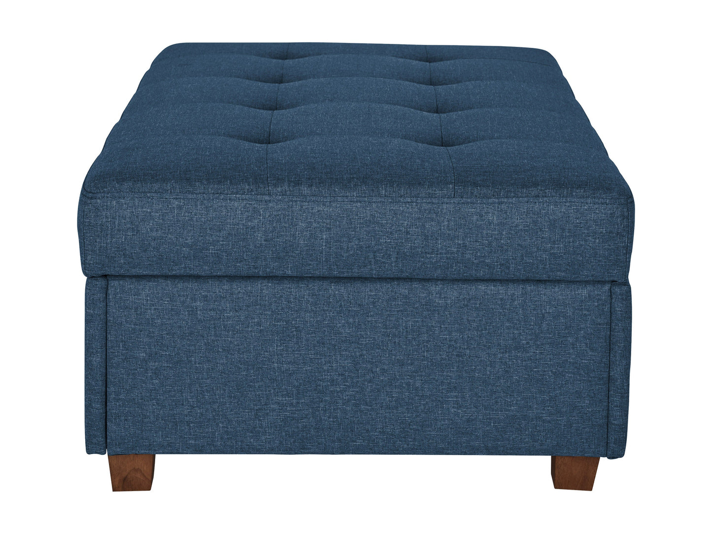 Blue large storage ottoman with tufted fabric, wooden legs, and spacious interior storage.