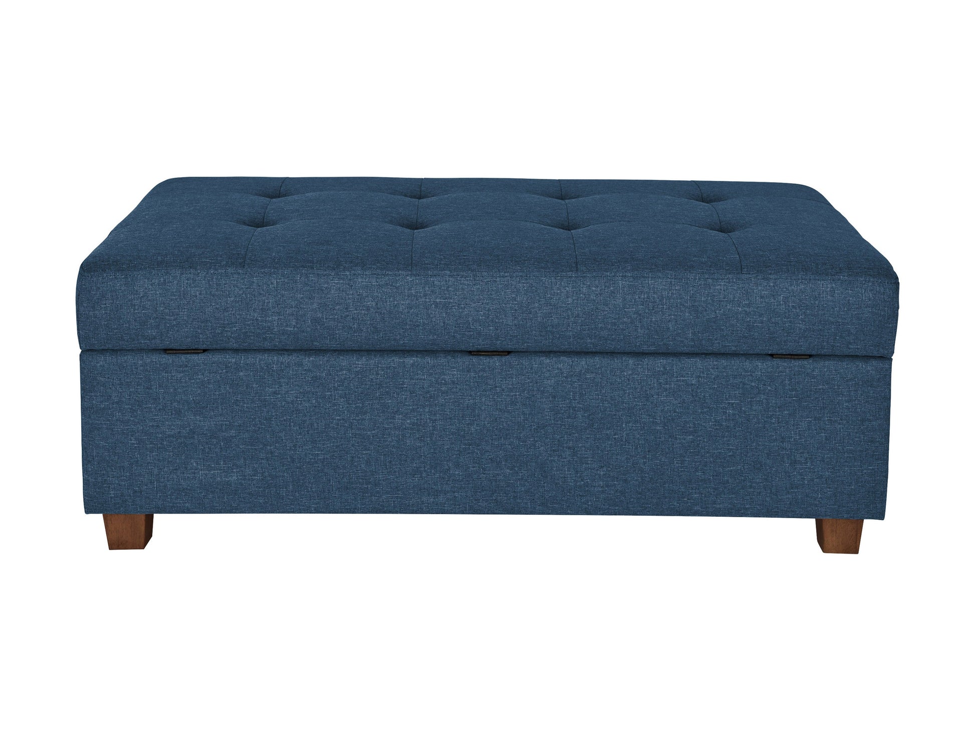 Large blue storage ottoman with tufted fabric, wooden legs, and ample interior space for living room or bedroom.