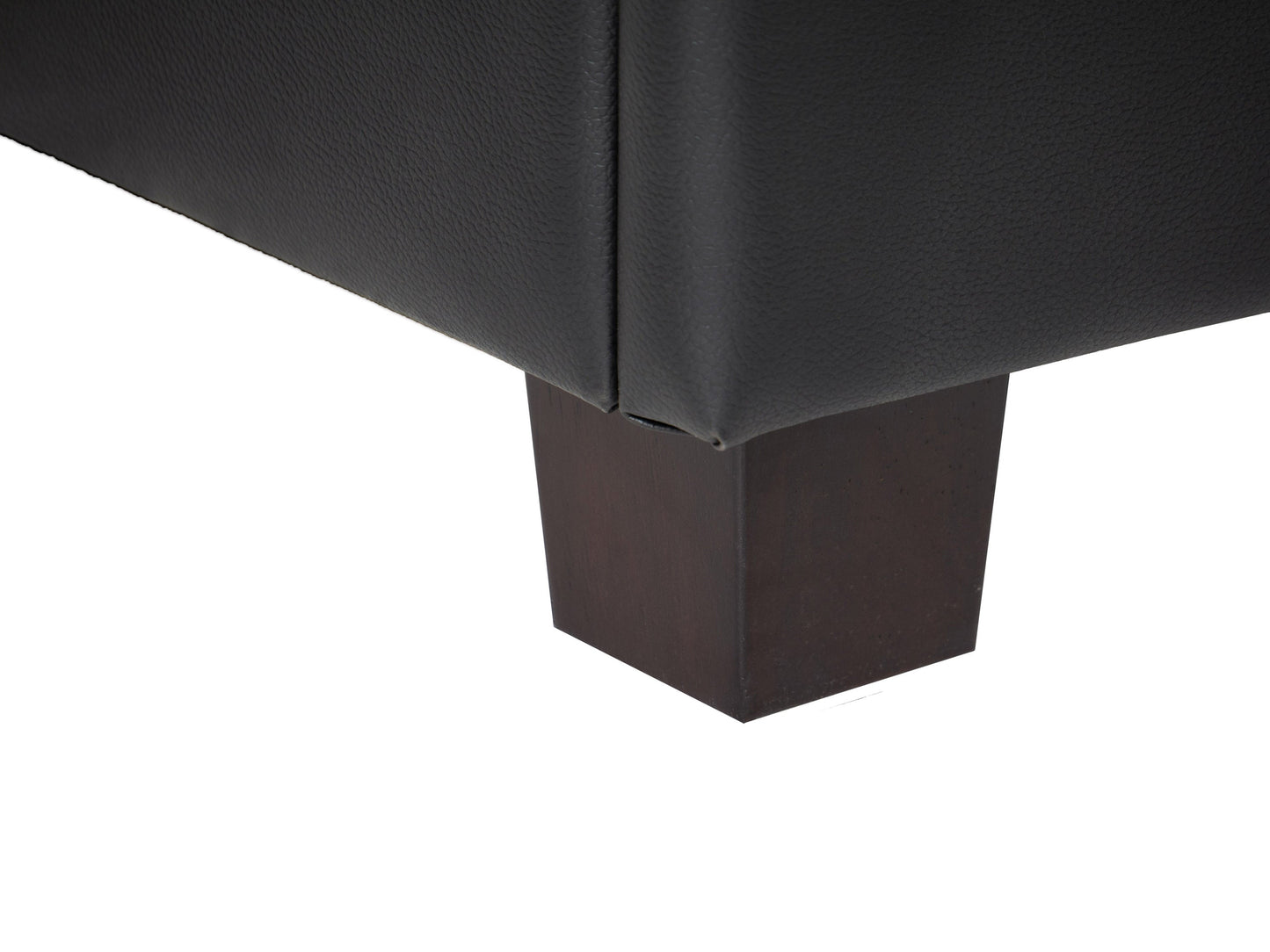 Black vegan leather storage ottoman with sleek design and cushioned top.