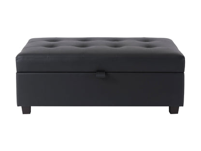 Black vegan leather storage ottoman with tufted top and sleek modern design.