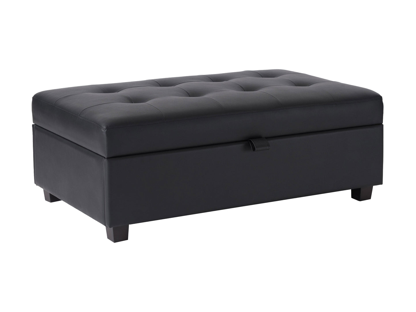 Black vegan leather storage ottoman with tufted top and sleek modern design.