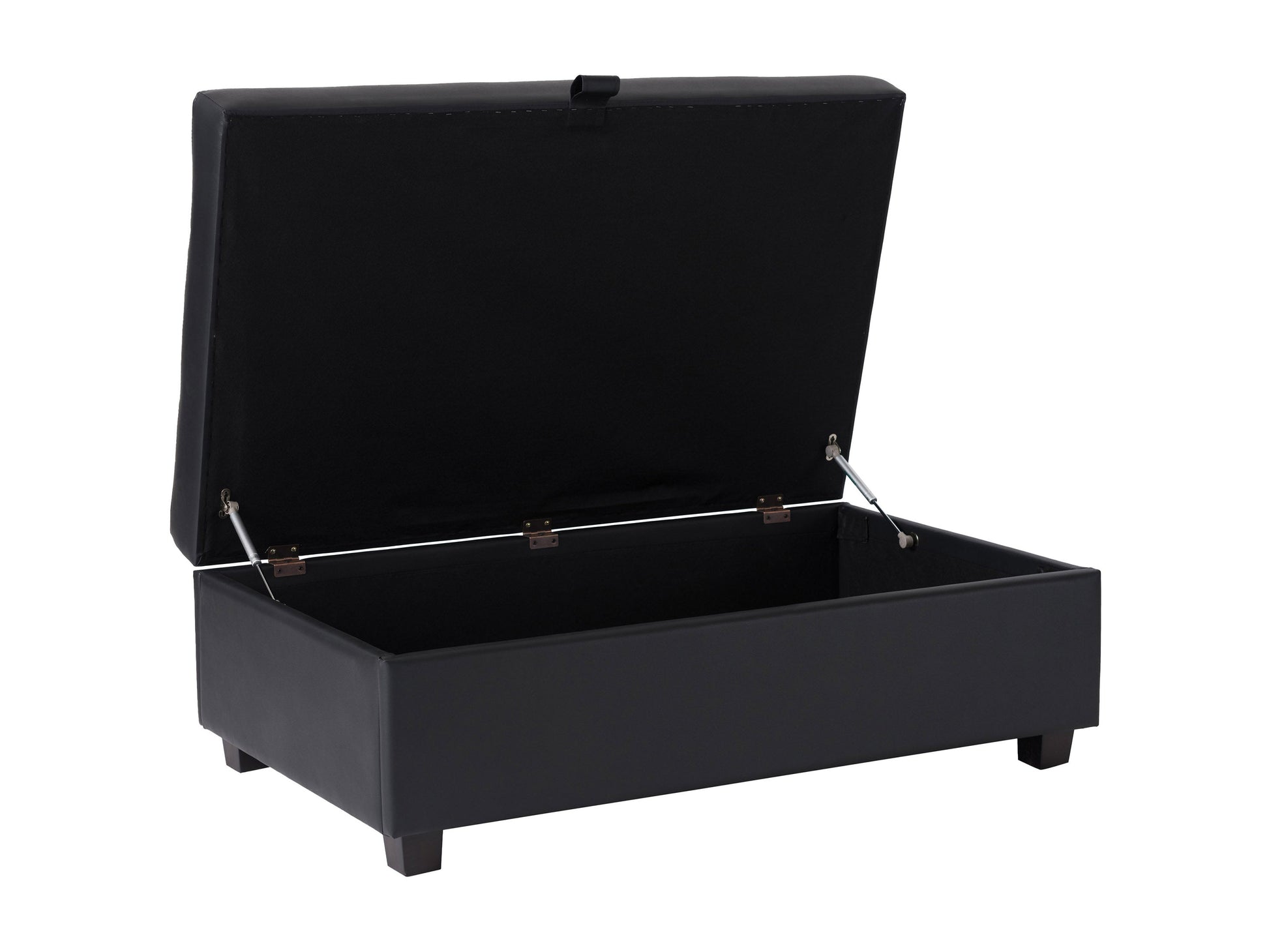 Black vegan leather storage ottoman with tufted top and wooden legs.