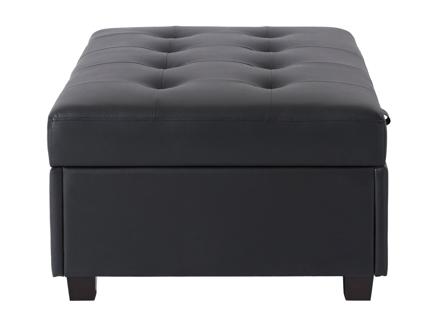 Black vegan leather storage ottoman with tufted top and sleek design.