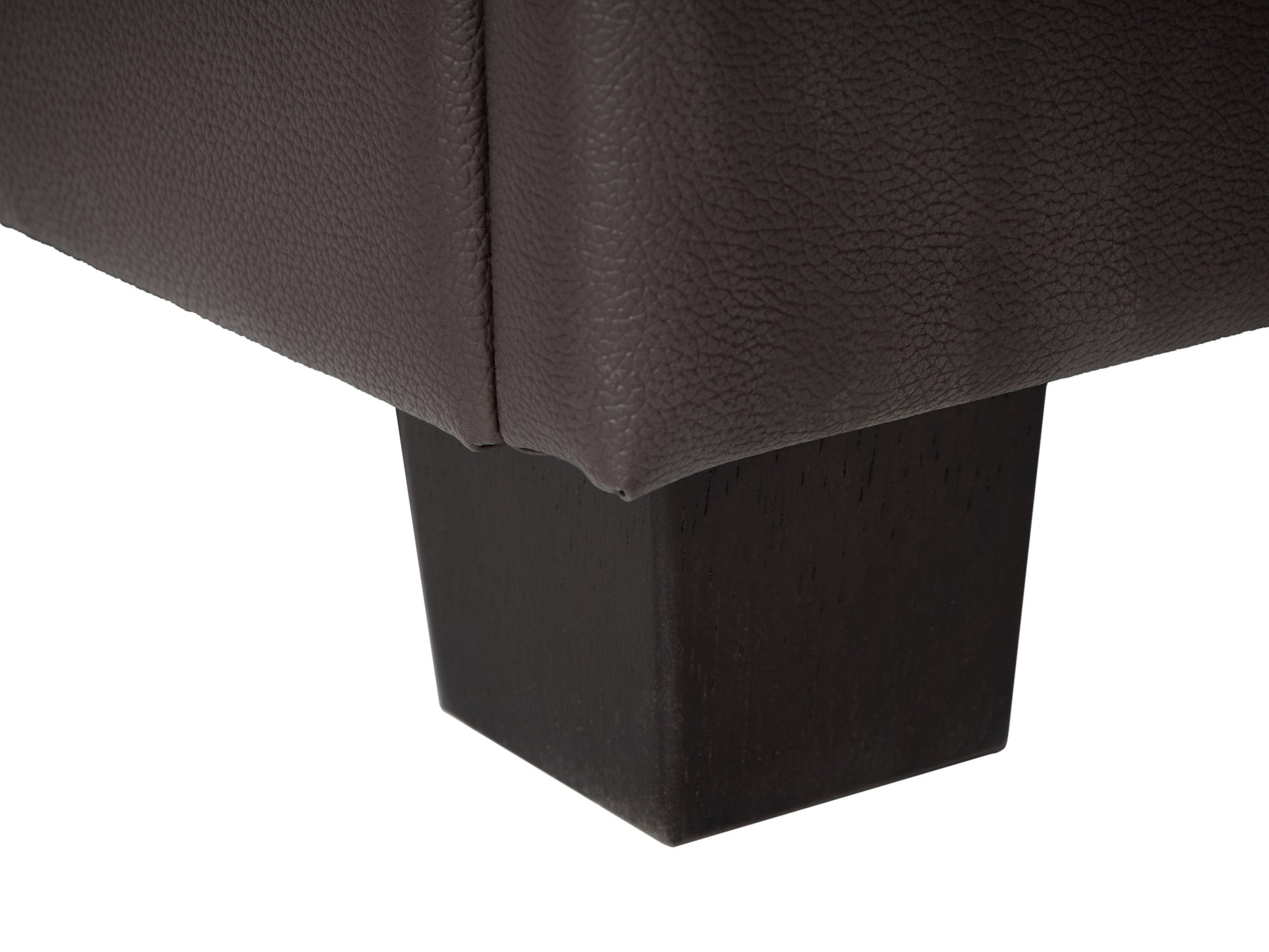 Brown vegan leather storage ottoman with tufted top and wooden legs, versatile and stylish for living room or bedroom.