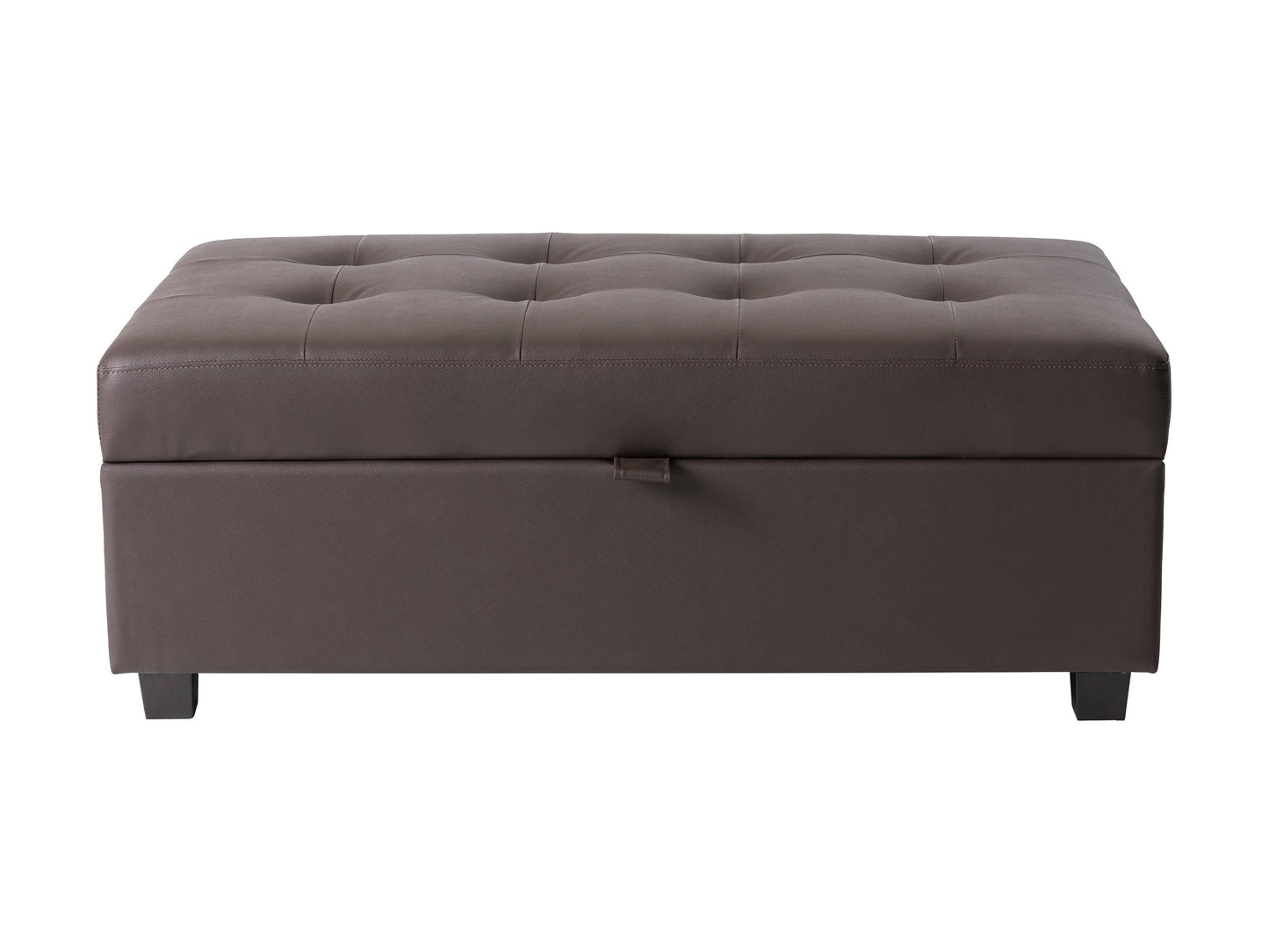 Brown vegan leather storage ottoman with tufted top, wooden legs, and spacious interior storage.