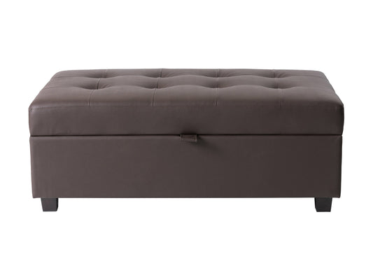 Brown vegan leather storage ottoman with tufted top, wooden legs, and spacious interior storage.