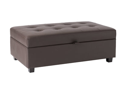 Brown vegan leather storage ottoman with tufted top and wooden legs.