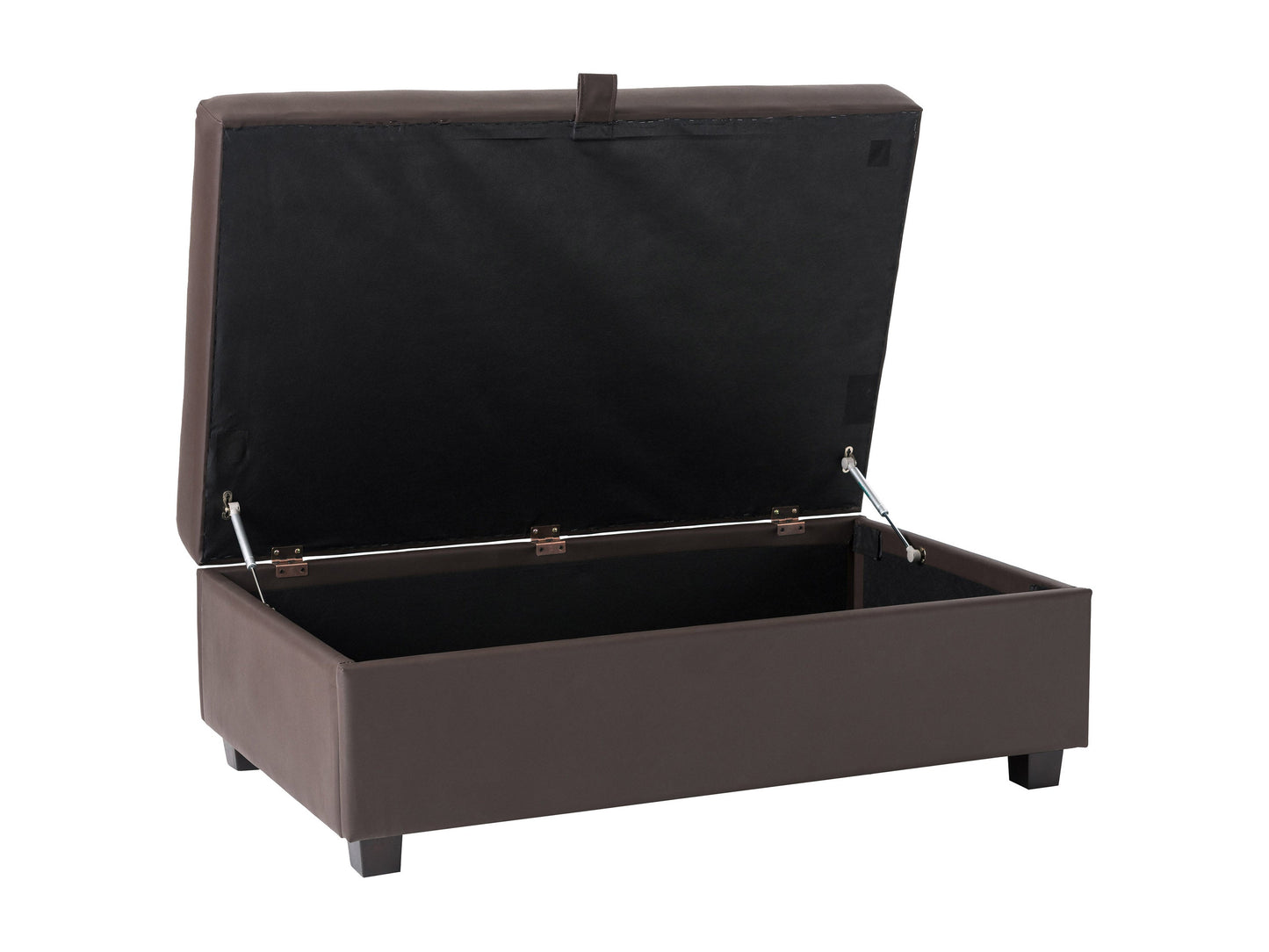 Brown vegan leather storage ottoman with tufted top and wooden legs.