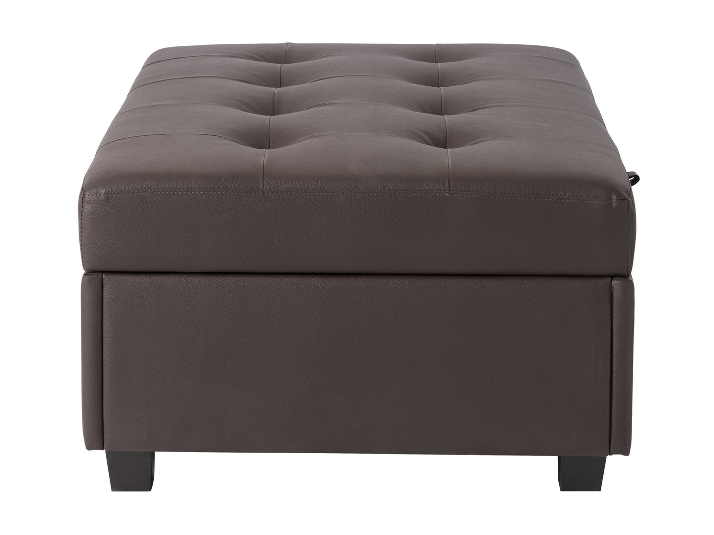 Brown vegan leather storage ottoman with tufted top and wooden legs.