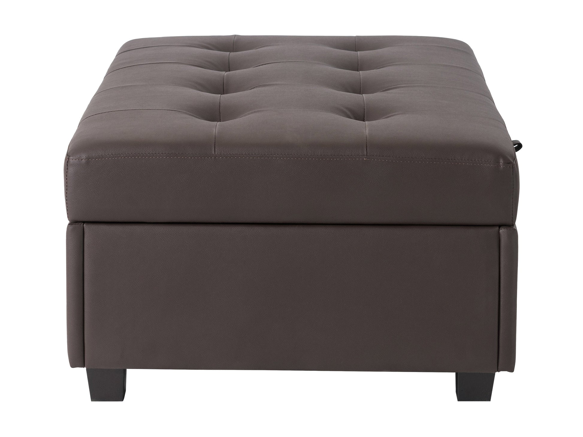 Brown vegan leather storage ottoman with tufted top and wooden legs.