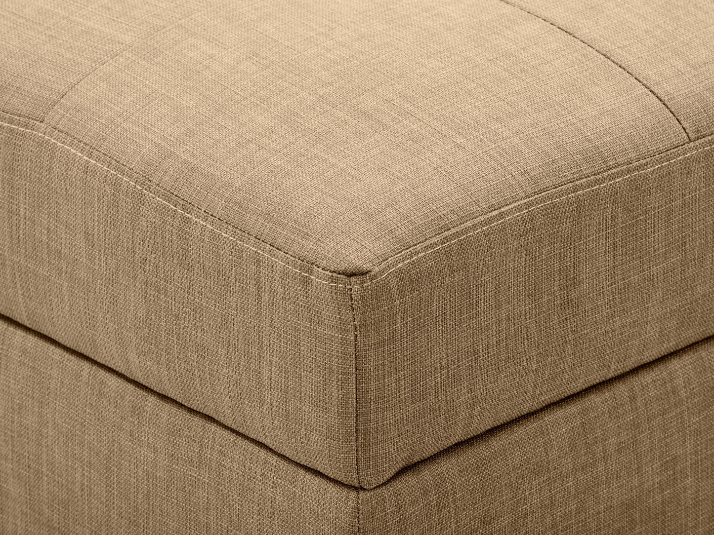 Beige tufted storage bench ottoman with wooden legs, soft fabric, and spacious interior storage.