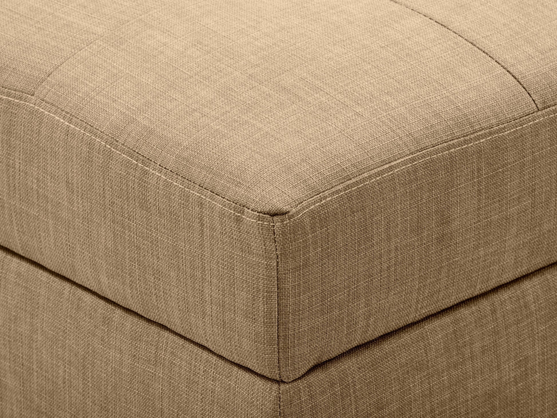 Beige tufted storage bench ottoman with wooden legs, soft fabric, and spacious interior storage.