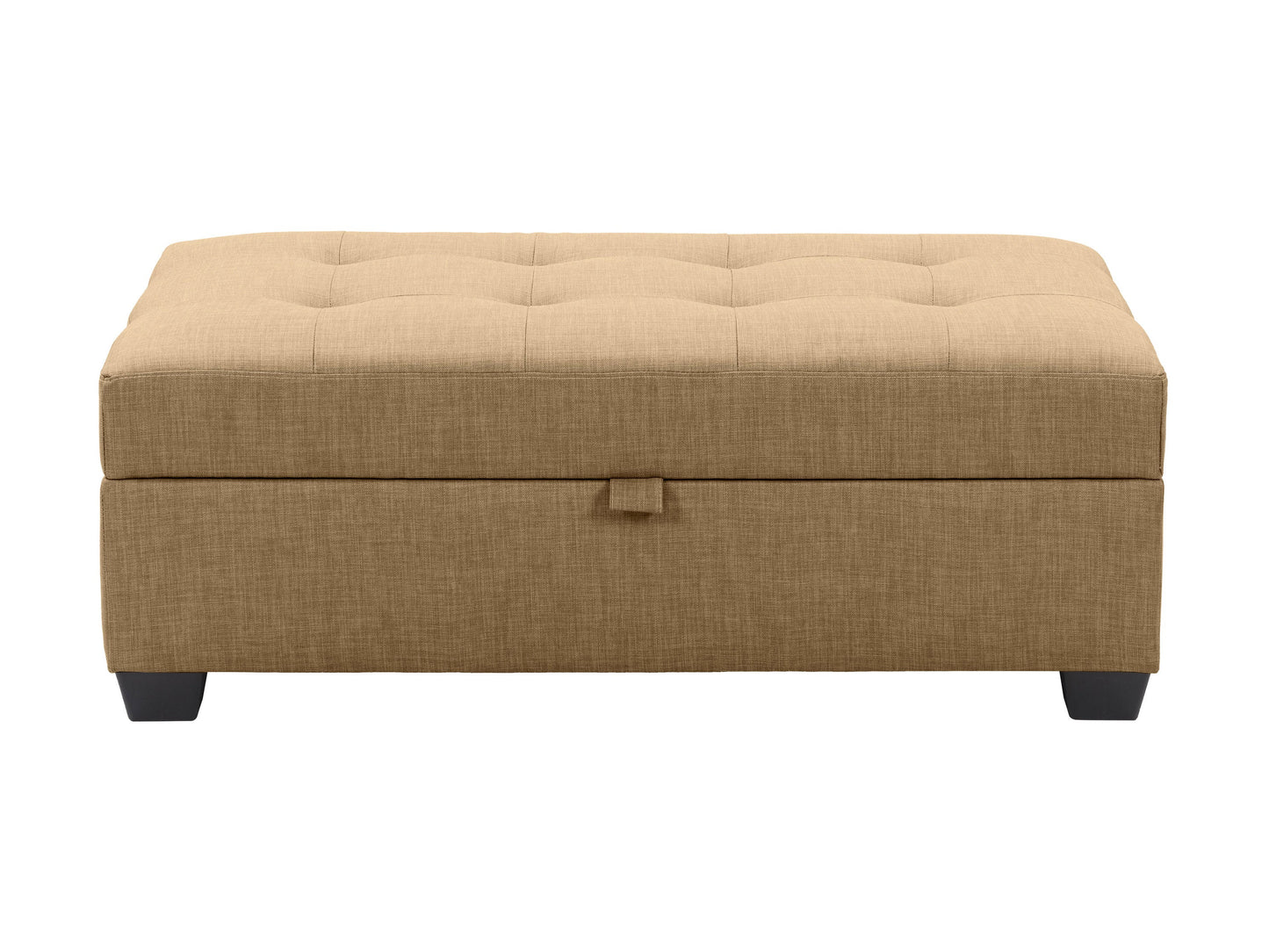 Beige tufted storage bench ottoman with wooden legs and soft fabric upholstery.