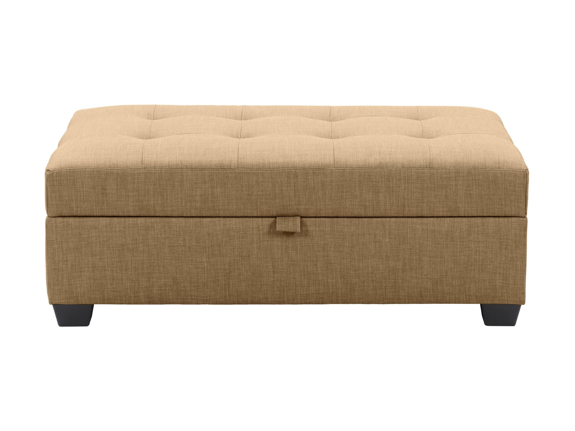 Beige tufted storage bench ottoman with wooden legs and soft fabric upholstery.