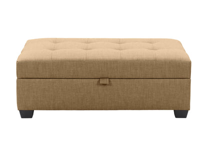 Beige tufted storage bench ottoman with wooden legs and soft fabric upholstery.