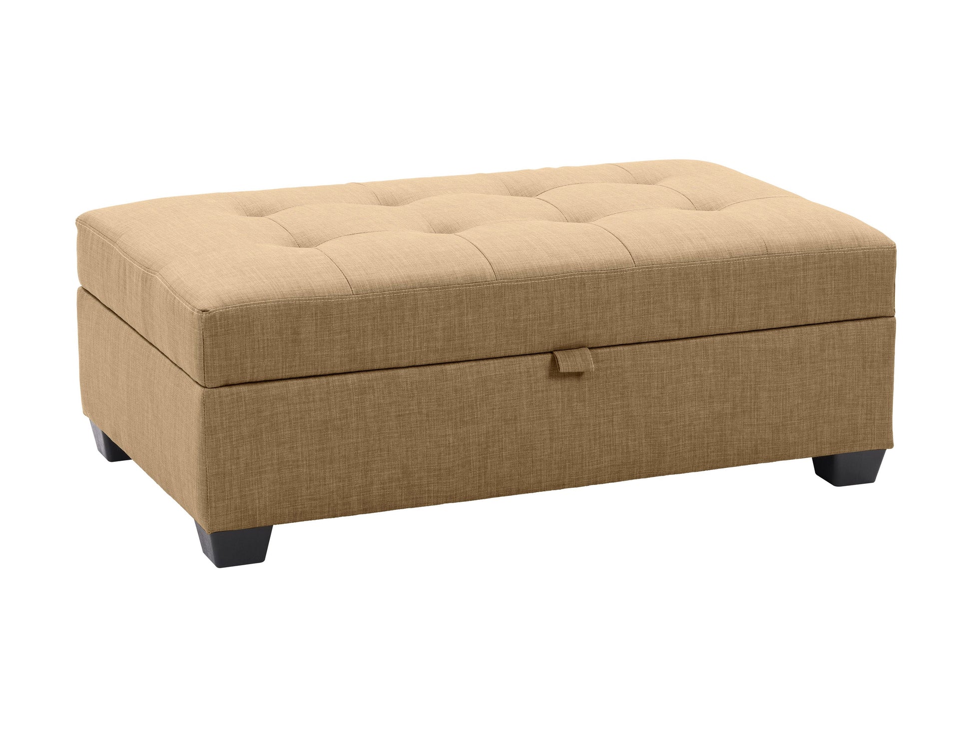 Beige tufted storage bench ottoman with wooden legs and versatile design for living room or bedroom.