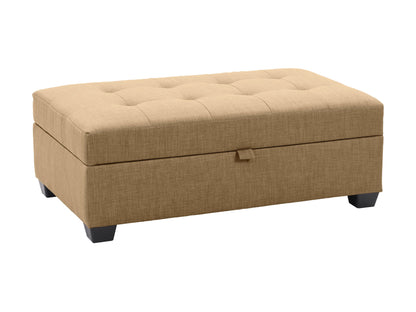 Beige tufted storage bench ottoman with wooden legs and versatile design for living room or bedroom.