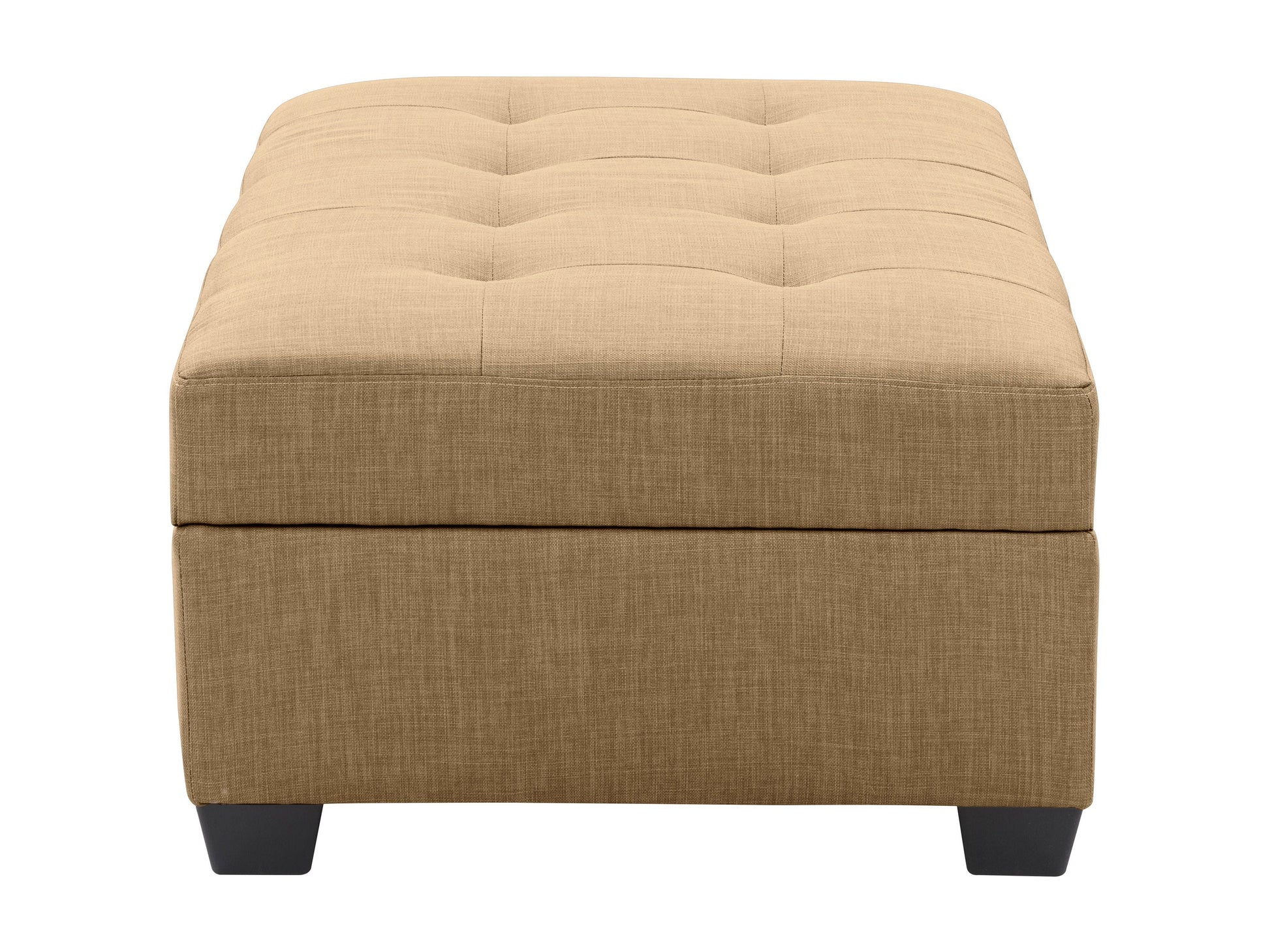 Beige tufted storage bench ottoman with wooden legs and a modern minimalist design.