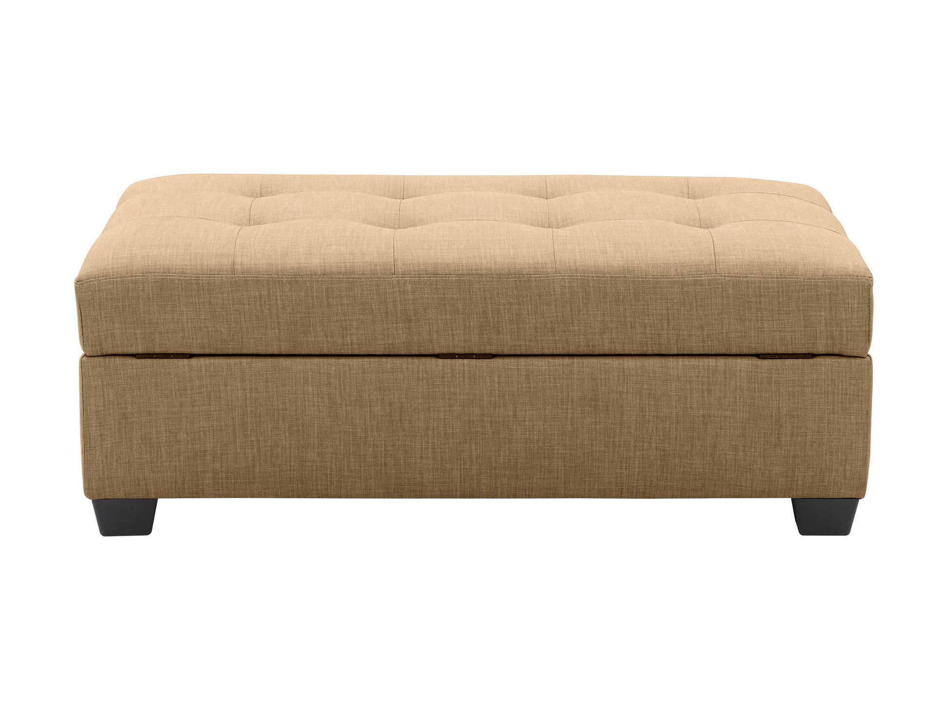 Beige tufted storage bench ottoman with wooden legs and soft fabric upholstery.