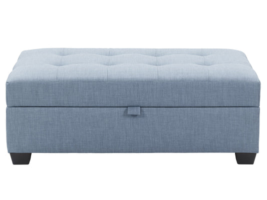 Light blue tufted storage bench ottoman with wooden legs and minimalist design.