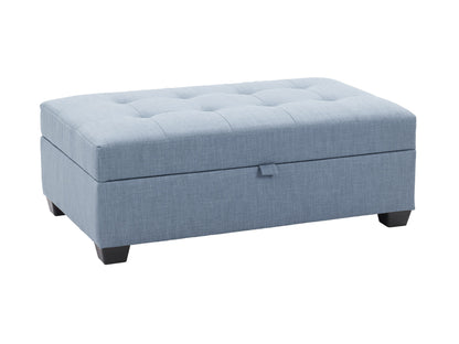 Light blue tufted storage bench ottoman with wooden legs and soft fabric upholstery.