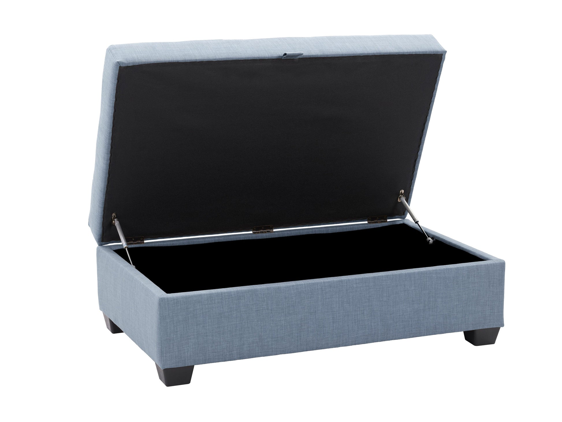 Light blue tufted storage bench with wooden legs, versatile ottoman for living room or bedroom.