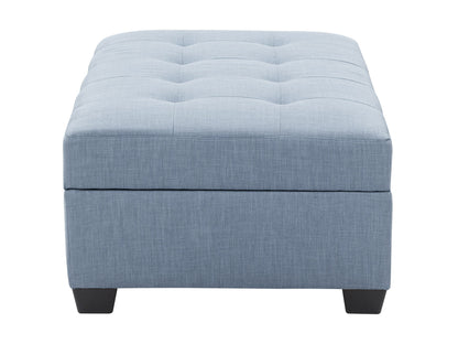 Light blue tufted storage bench ottoman with wooden legs and soft fabric upholstery.