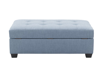 Light blue tufted storage bench ottoman with wooden legs and fabric upholstery.