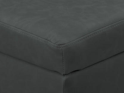 Black mid-century modern ottoman with tufted cushion and wooden legs, perfect for stylish living room decor.