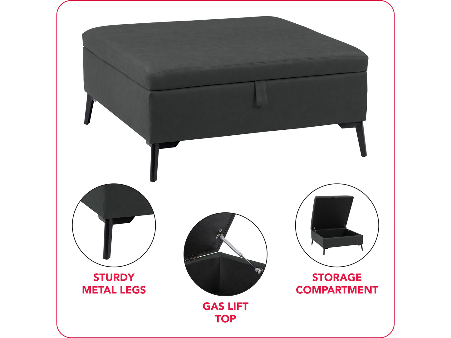 Mid-century modern black ottoman with tufted fabric, wooden legs, and sleek design.