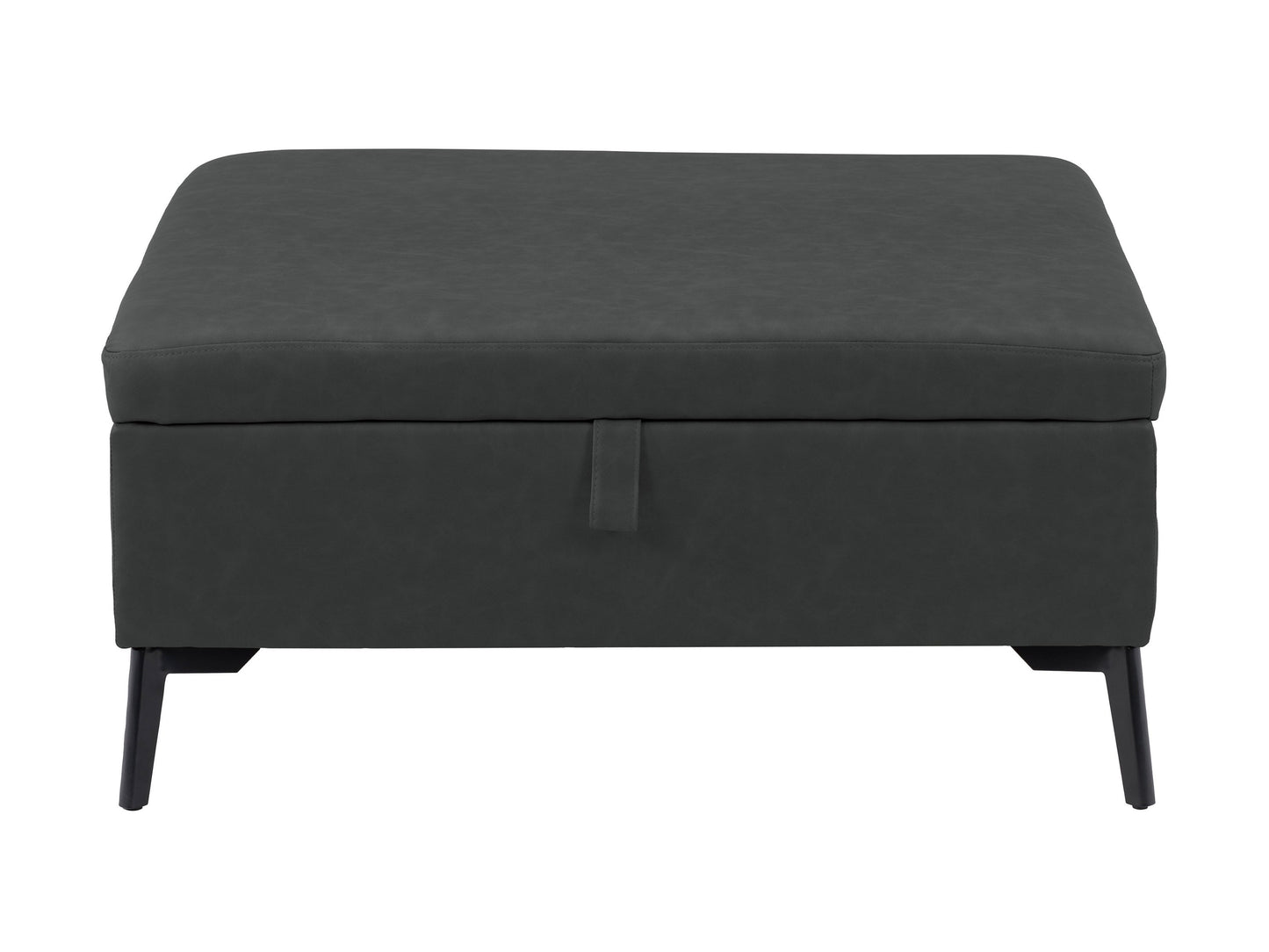 Black mid-century modern ottoman with tufted fabric cushion and wooden legs.