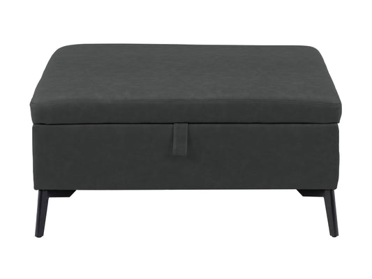 Black mid-century modern ottoman with tufted fabric cushion and wooden legs.