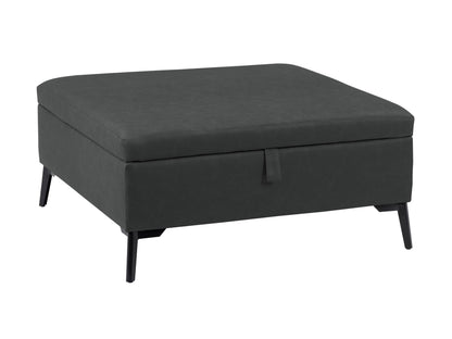 Black mid-century modern ottoman with tufted cushion, wooden legs, and minimalist design.