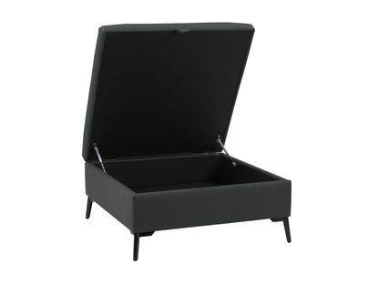 Black mid-century modern ottoman with tufted cushion and wooden legs, perfect for contemporary living rooms.