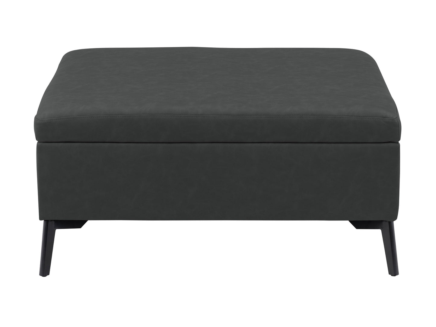 Black mid-century modern ottoman with tufted cushion, wooden legs, and sleek minimalist design.