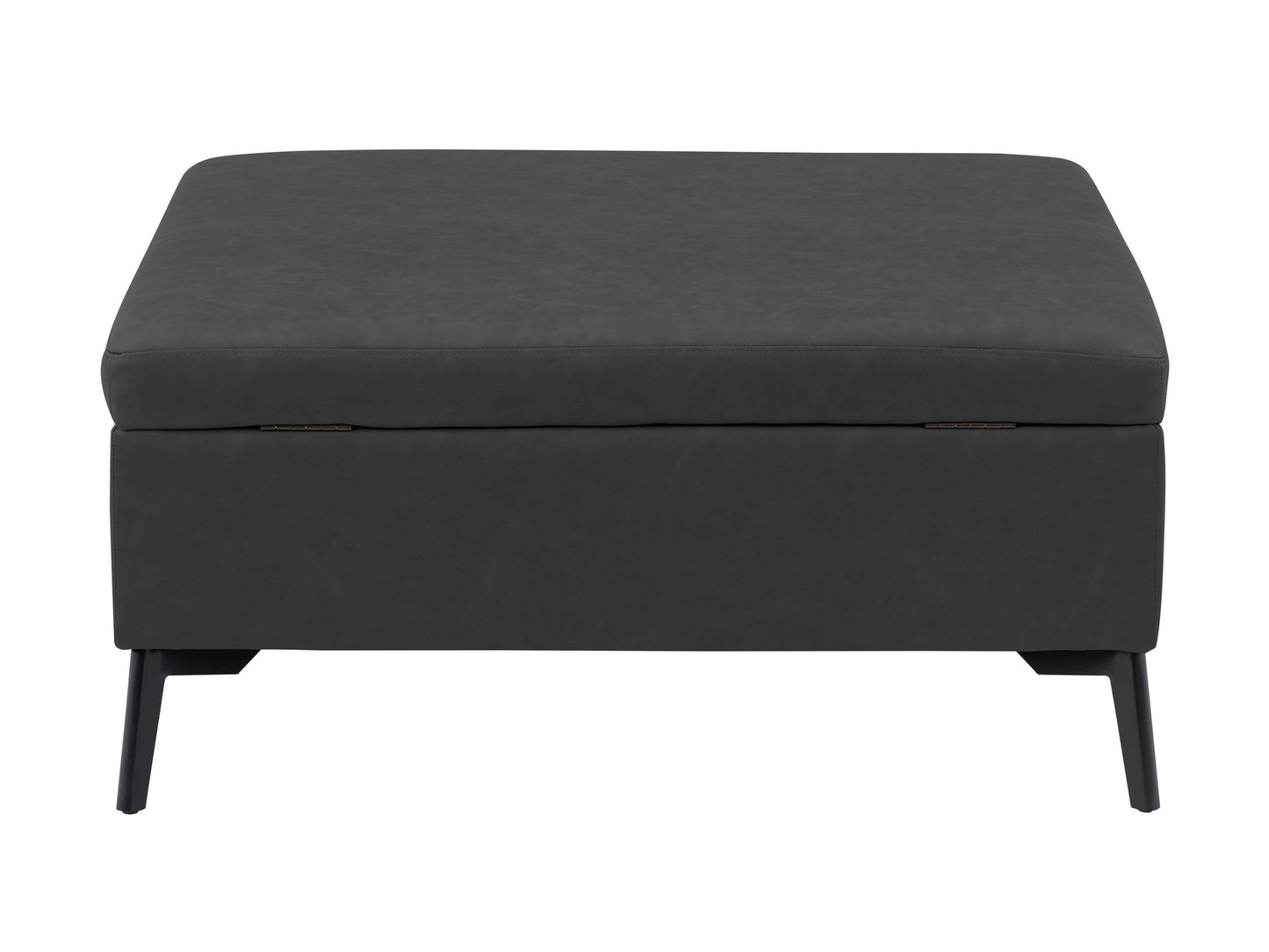 Black mid-century modern ottoman with tufted fabric and wooden legs.