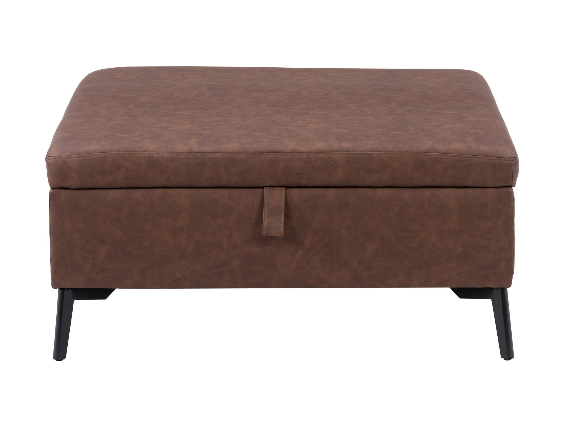 Mid-century modern dark brown ottoman with wooden legs and tufted leather upholstery.