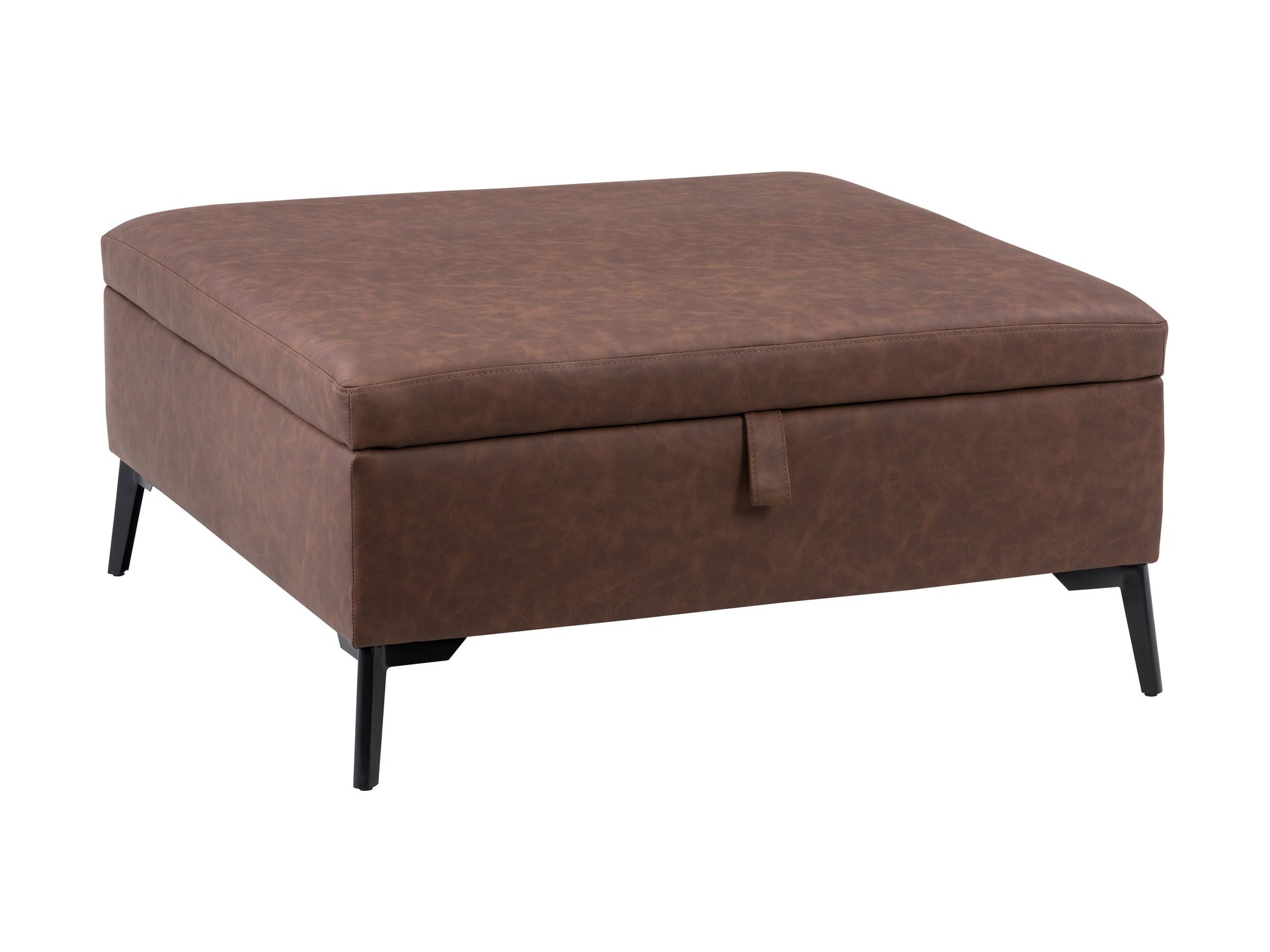 Mid-century modern dark brown ottoman with wooden legs and tufted cushion.