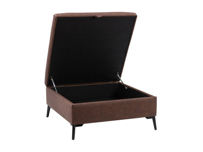 Mid-century modern dark brown ottoman with wooden legs and tufted leather upholstery.