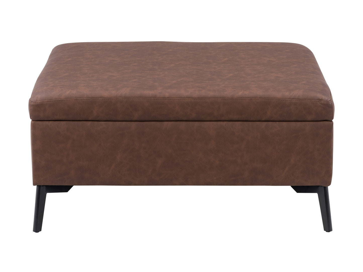 Mid-century modern dark brown ottoman with wooden legs and tufted leather upholstery.