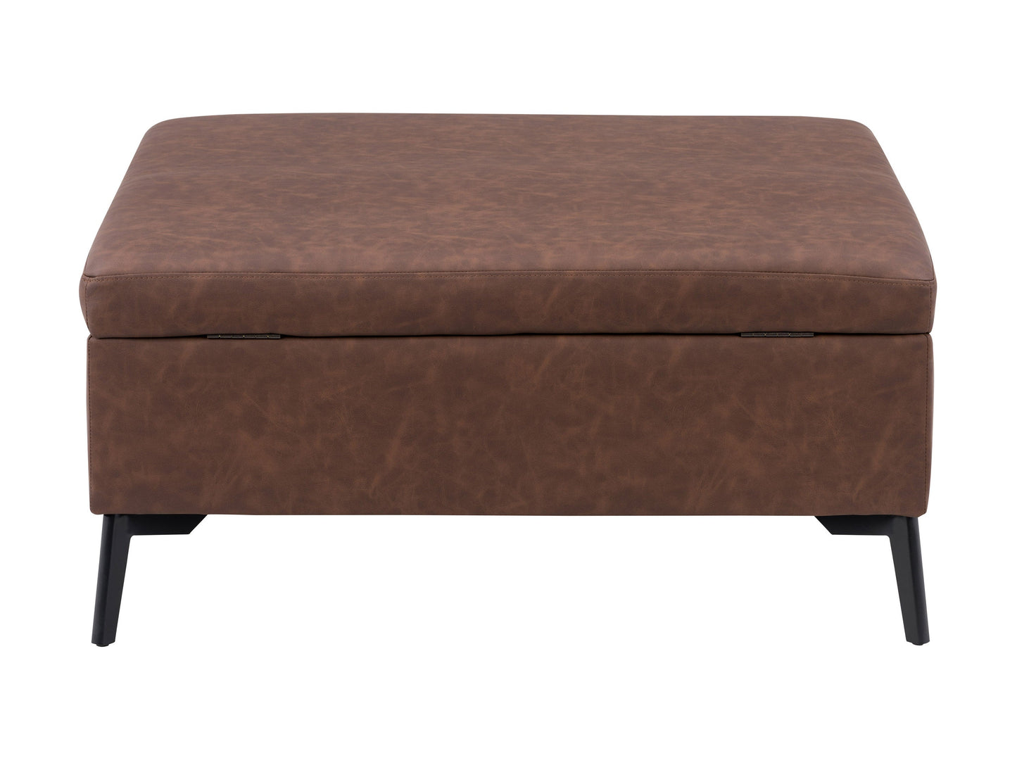 Mid-century modern dark brown ottoman with tufted leather upholstery and wooden legs.