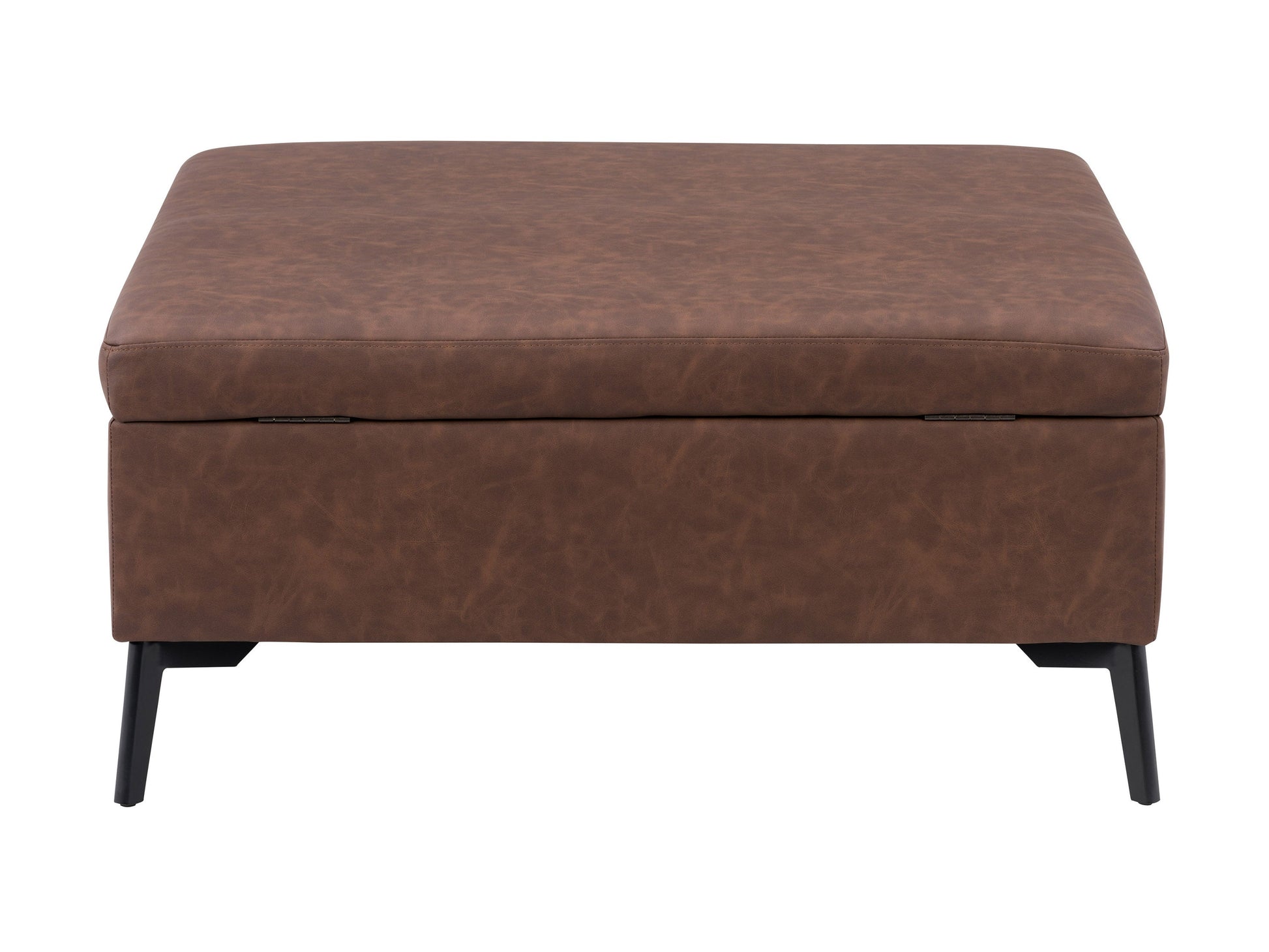 Mid-century modern dark brown ottoman with tufted leather upholstery and wooden legs.